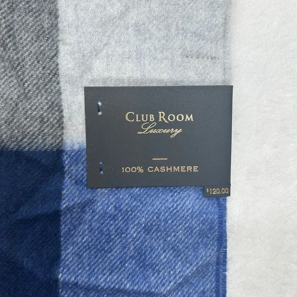 Club Room Luxury 100%‎ Cashmere Scarf One Size Blue Gray Buffalo Check Plaid